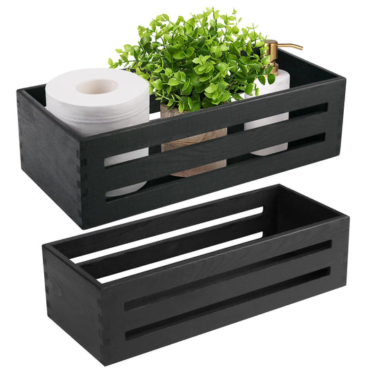 Bathroom Decor Box, 2 Pack, Wooden Rustic Back of Toilet Storage Basket,Black