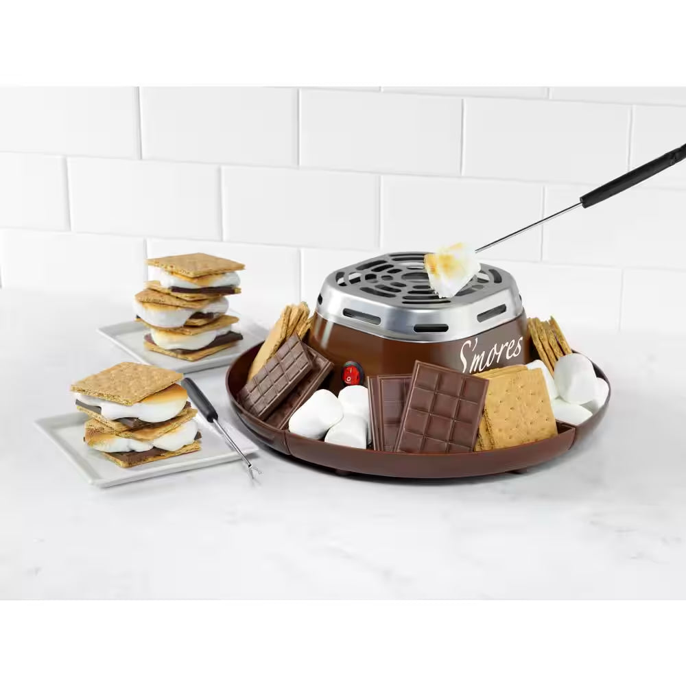 Stainless Steel Electric S'Mores Maker with 4-Compartment Tray and 2 Roasting Forks in Black