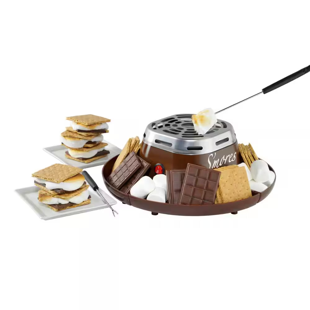 Stainless Steel Electric S'Mores Maker with 4-Compartment Tray and 2 Roasting Forks in Black