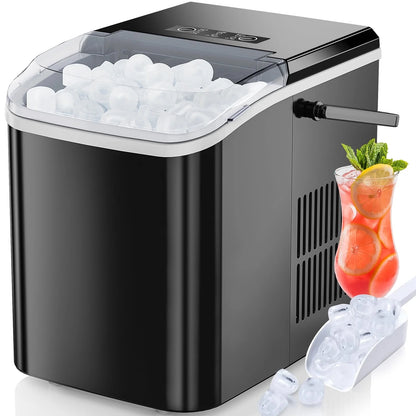 Countertop Ice Maker, Self-Cleaning Portable Ice Maker Machine with Handle and Ice Scoop 9Pcs/6Min 26.5Lbs/24H Black