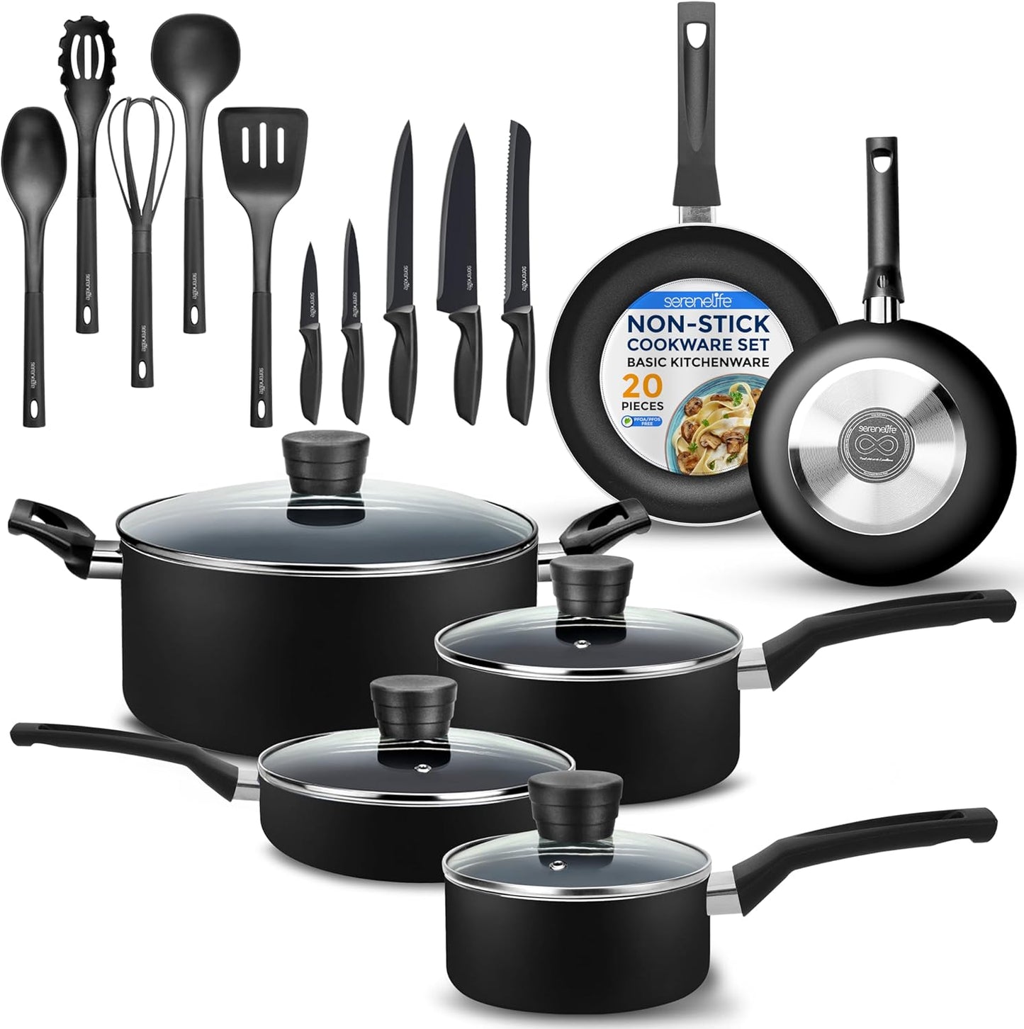 Kitchenware Pots & Pans Basic Kitchen Cookware, Black Non-Stick Coating Inside, Heat Resistant Lacquer (20-Piece Set), One Size