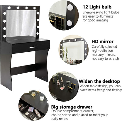 Vanity Desk, Makeup Vanity Desk Storage with Mirror, Lights for Bedroom (Black)